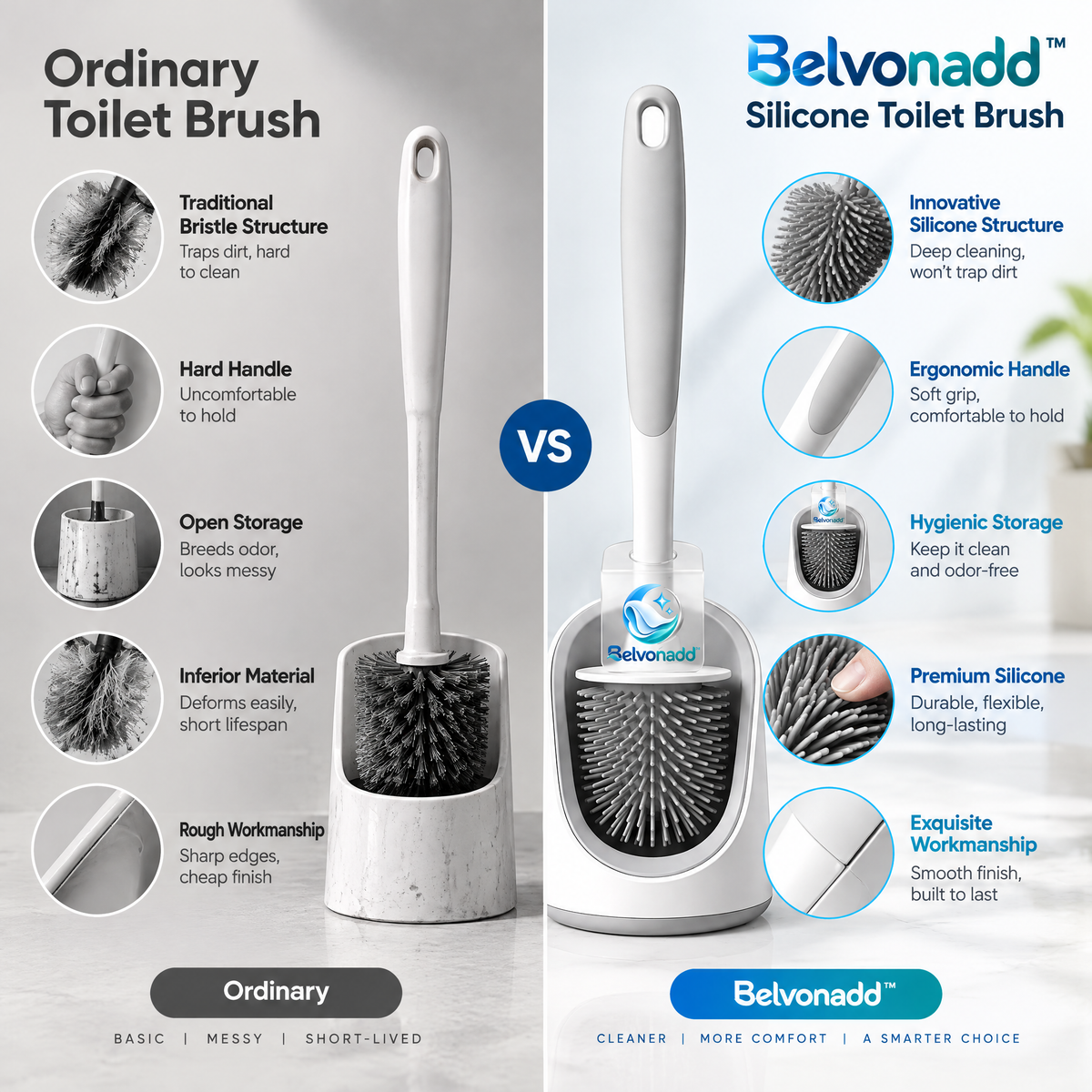 Belvonadd™ Silicone Toilet Brush – Flexible Bristle Bathroom Cleaner with Long Handle, Quick-Dry Holder & Compact Storage Base