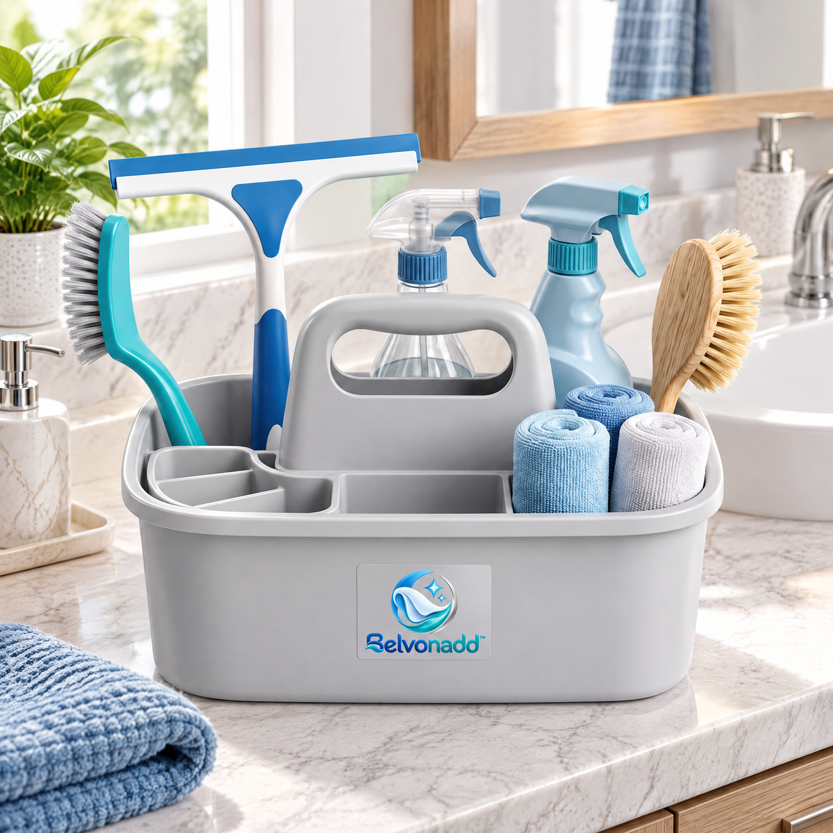 Belvonadd™ Bathroom Cleaning Caddy Set – Portable Cleaning Organizer with Multi-Compartment Storage for Brushes, Sprays, Cloths & Squeegee