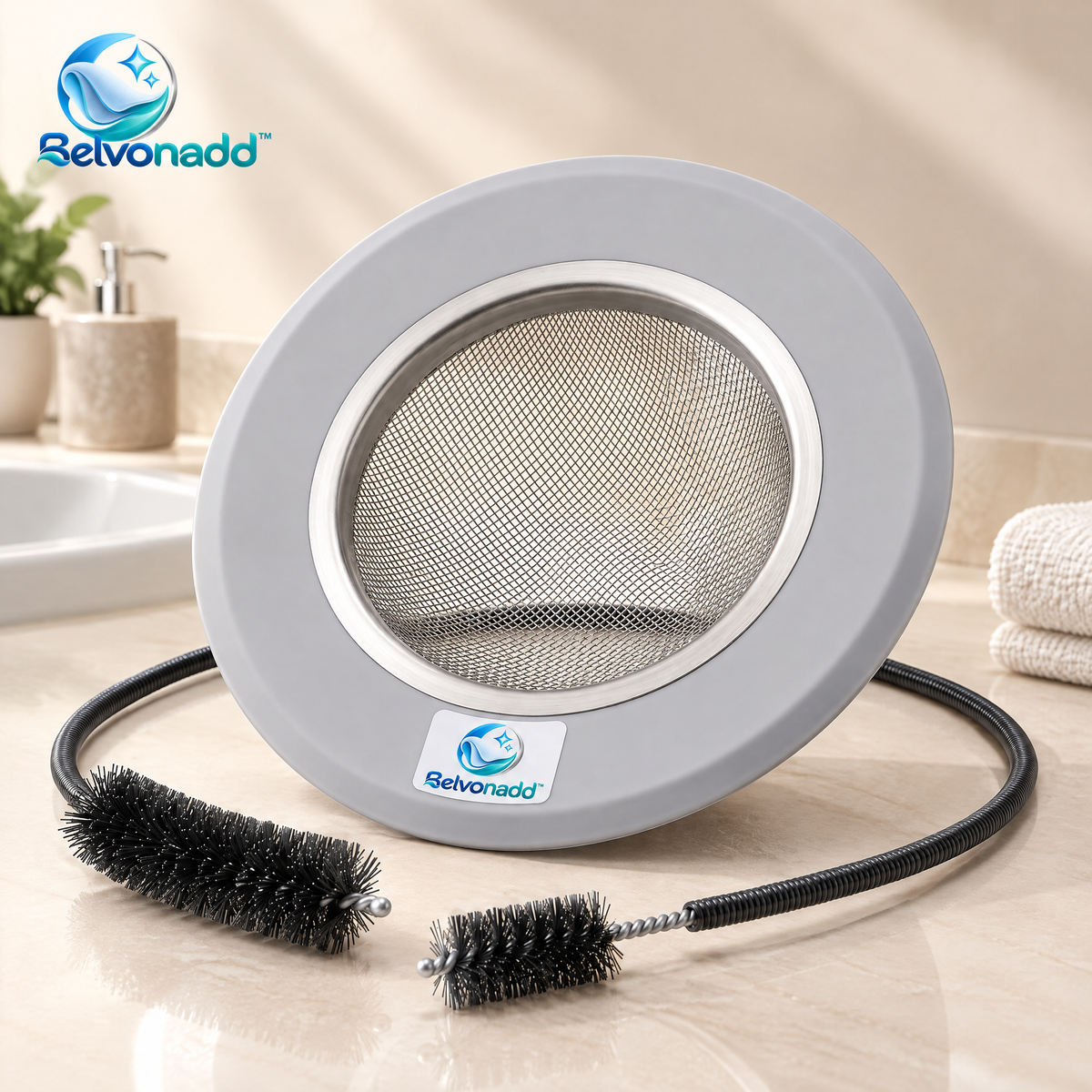 Belvonadd™ Drain Hair Catcher & Cleaning Tool – Stainless Steel Mesh Drain Strainer with Flexible Pipe Brush for Bathroom Sinks, Showers & Tubs