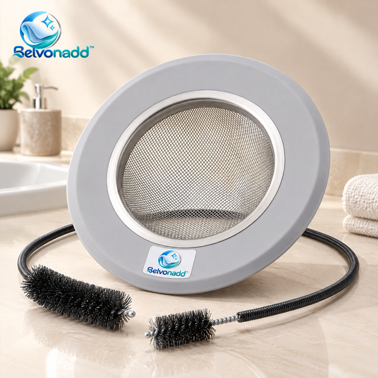 Belvonadd™ Drain Hair Catcher & Cleaning Tool – Stainless Steel Mesh Drain Strainer with Flexible Pipe Brush for Bathroom Sinks, Showers & Tubs