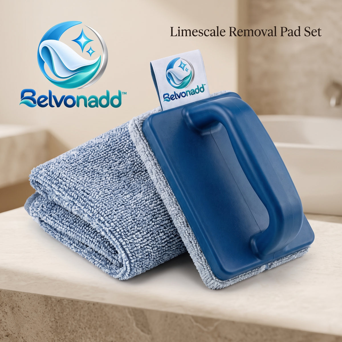 Belvonadd™ Limescale Cleaning Pad Set – Reusable Microfiber Scrubbing Pads with Handheld Grip for Shower Glass, Faucets & Bathroom Surfaces