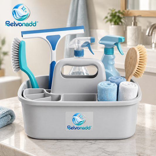 Belvonadd™ Bathroom Cleaning Caddy Set – Portable Cleaning Organizer with Multi-Compartment Storage for Brushes, Sprays, Cloths & Squeegee