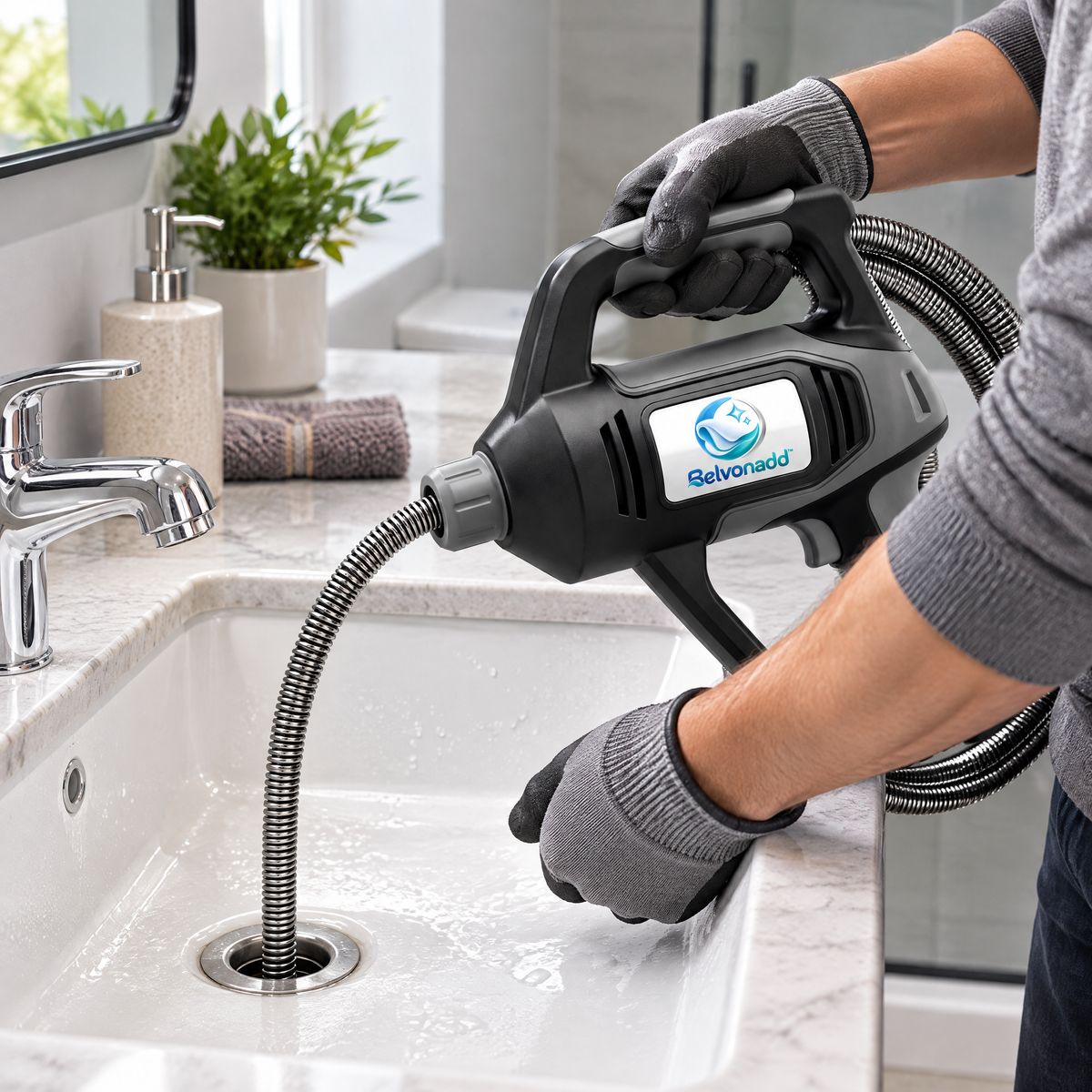 Belvonadd™ Drain Snake Cleaning Tool – Powered Flexible Drain Auger for Bathroom Sinks, Shower Drains & Bathtub Pipes