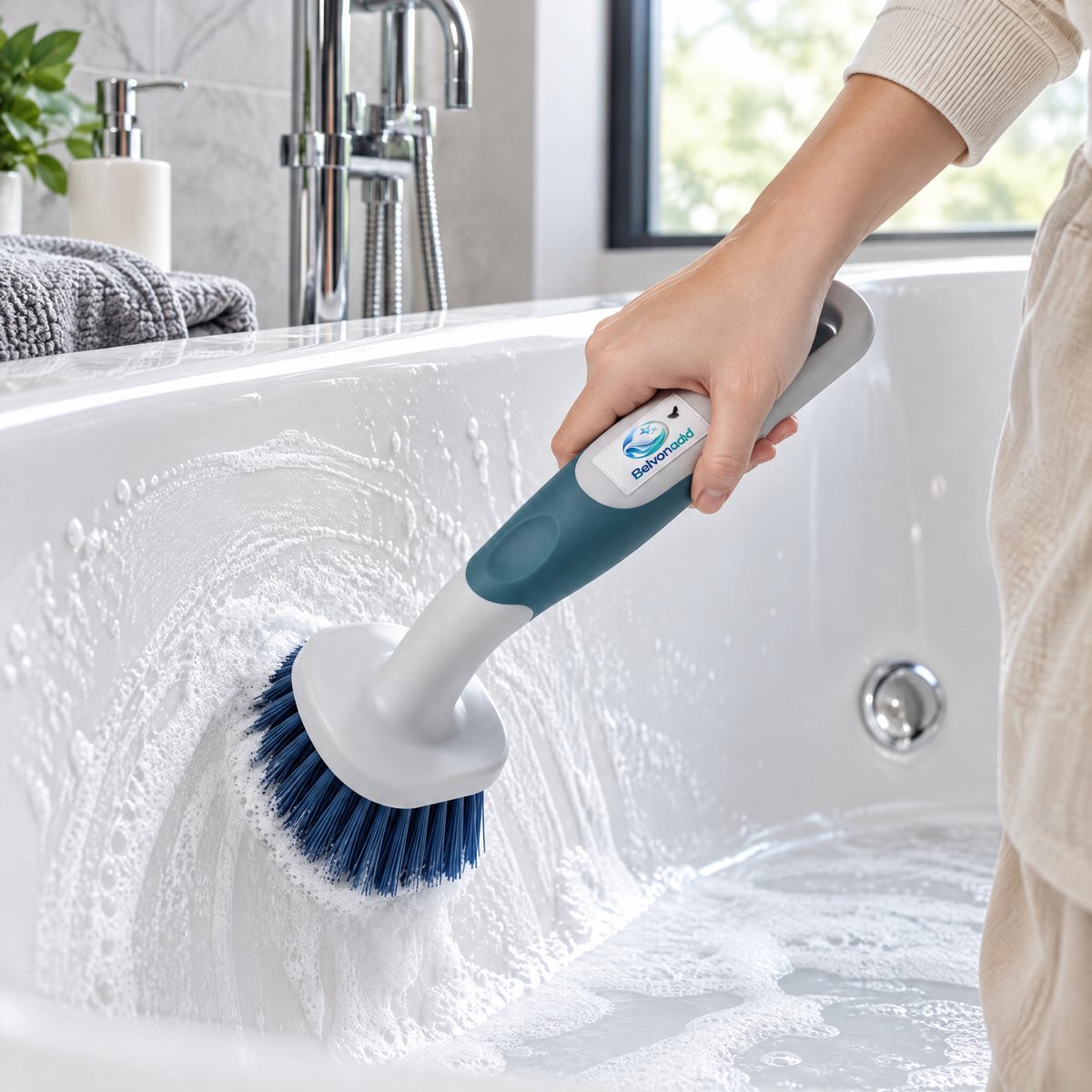 Belvonadd™ Bathtub Cleaning Brush – Heavy-Duty Bathroom Scrubber with Dense Bristles & Ergonomic Non-Slip Handle