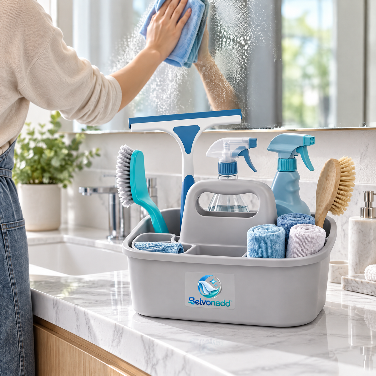 Belvonadd™ Bathroom Cleaning Caddy Set – Portable Cleaning Organizer with Multi-Compartment Storage for Brushes, Sprays, Cloths & Squeegee