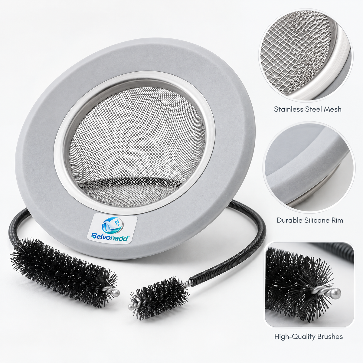 Belvonadd™ Drain Hair Catcher & Cleaning Tool – Stainless Steel Mesh Drain Strainer with Flexible Pipe Brush for Bathroom Sinks, Showers & Tubs