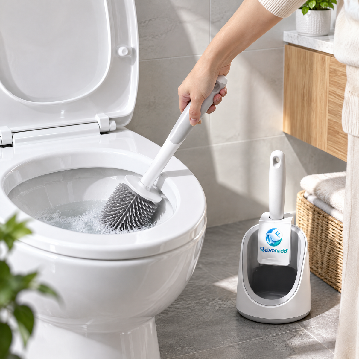 Belvonadd™ Silicone Toilet Brush – Flexible Bristle Bathroom Cleaner with Long Handle, Quick-Dry Holder & Compact Storage Base