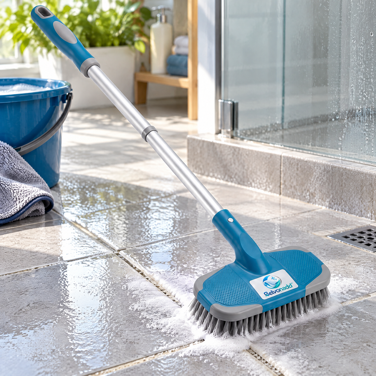 Belvonadd™ Long-Handle Tile Scrub Brush – Heavy-Duty Bathroom Floor & Wall Scrubber with Extendable Handle & Wide Bristle Head