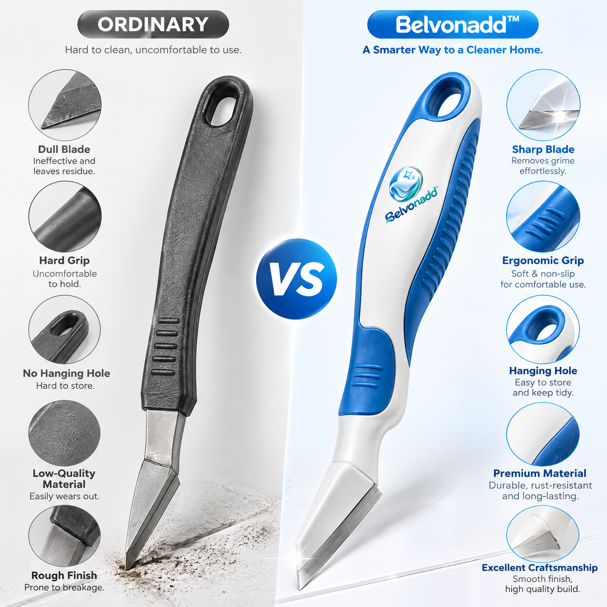 Belvonadd™ Bathroom Crevice Scraper – Precision Grout & Gap Cleaning Tool with Angled Metal Edge & Non-Slip Handle